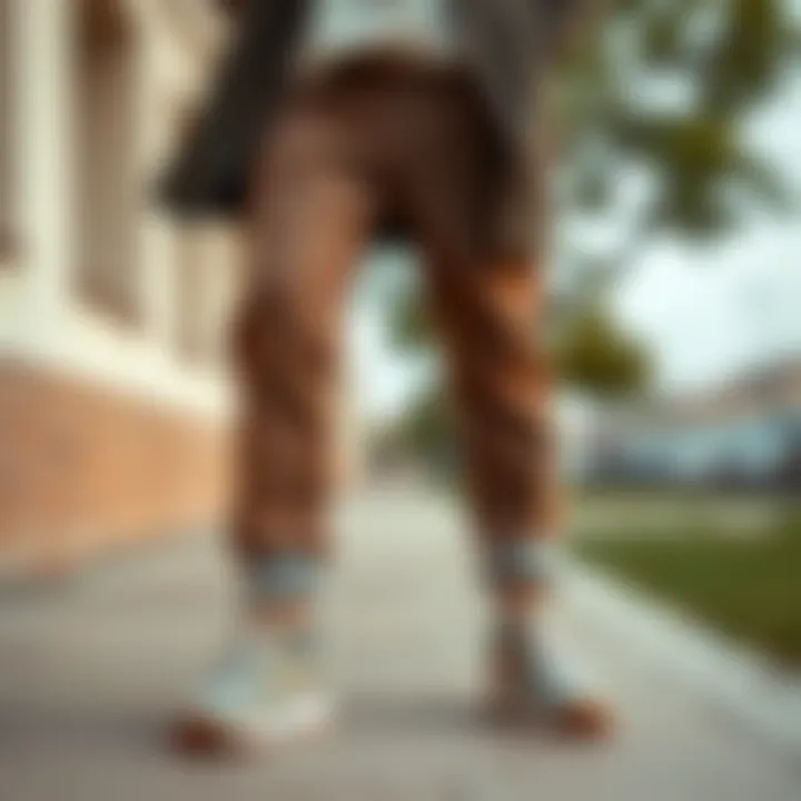 Casual look featuring brown knit trousers with sneakers.
