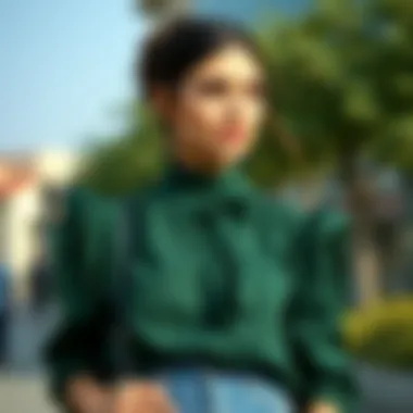 A fashionable outfit showcasing a thick-strapped blouse paired with accessories.