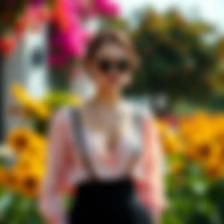 A stylish thick-strapped blouse in a vibrant summer setting.