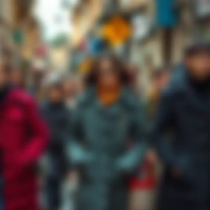 Group of fashionable individuals wearing quilted coats in a vibrant street