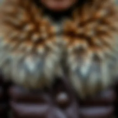 Close-up of luxurious fur collar on quilted coat