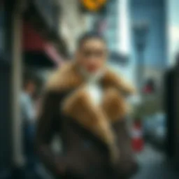 Stylish quilted coat with fur collar showcased in urban background