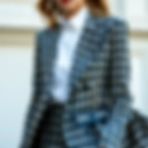 A stylish houndstooth patterned jacket ensemble with elegant accessories.