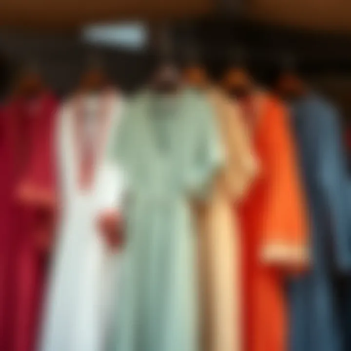 Seasonal display of linen kaftans in different colors.