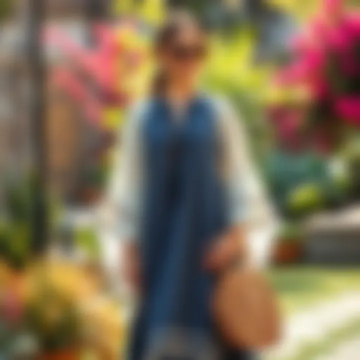 Stylish kaftan paired with accessories in a garden setting.