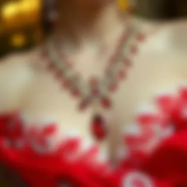 Stylish accessories complementing a red ball gown