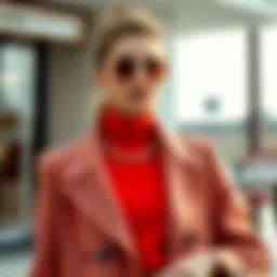 A stylish red turtleneck paired with a chic coat and accessories