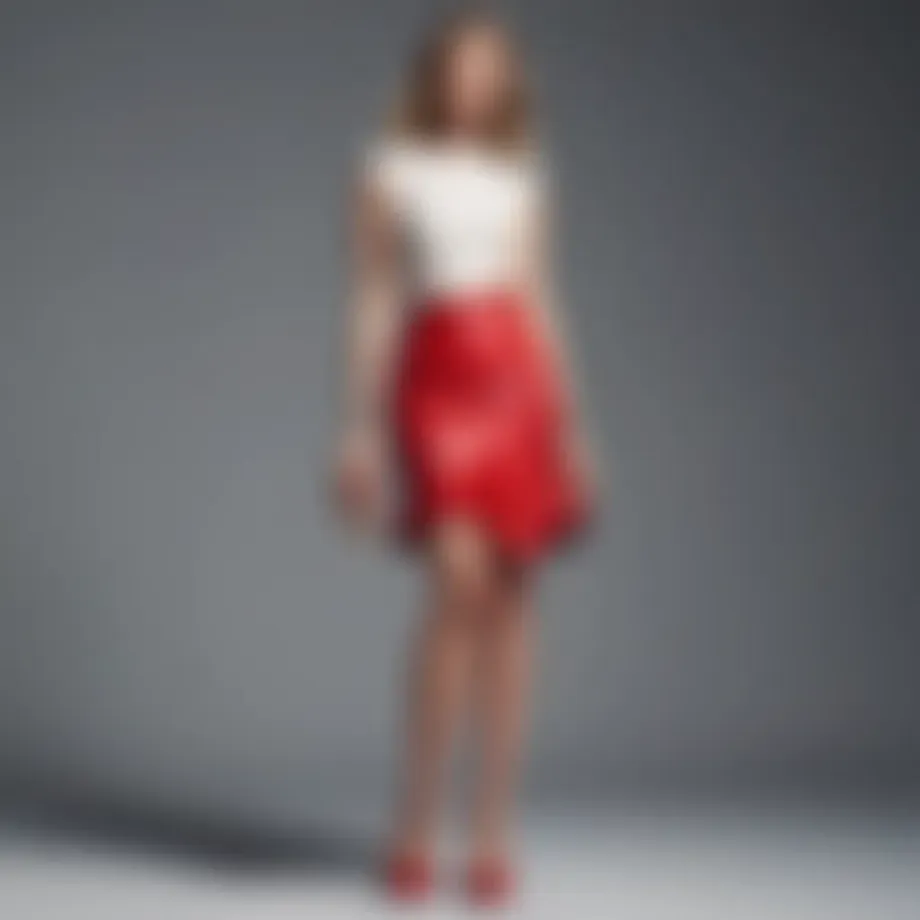 Elegant red skirt ensemble with chic accessories.