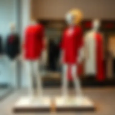 Different styling ideas for a red tunic on mannequins in a fashion boutique.