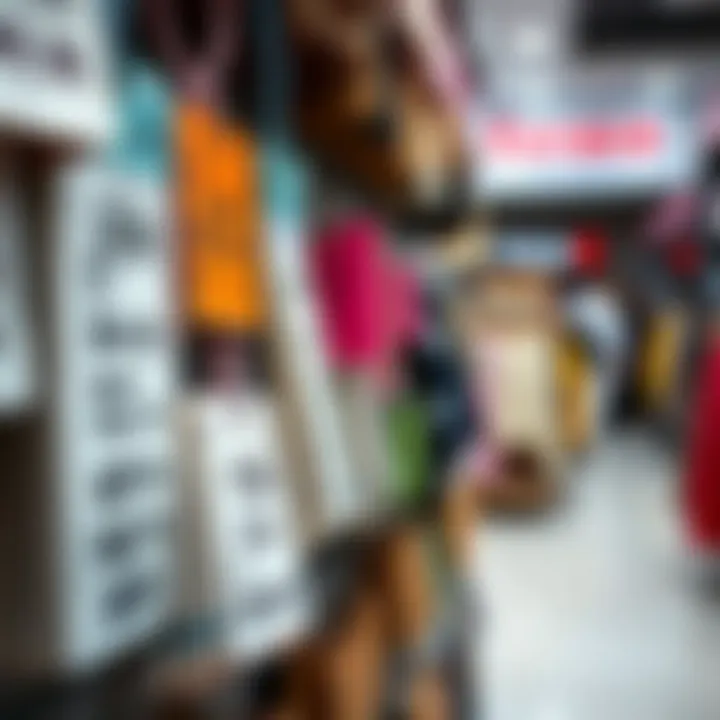 A variety of price tags on feraces in a store