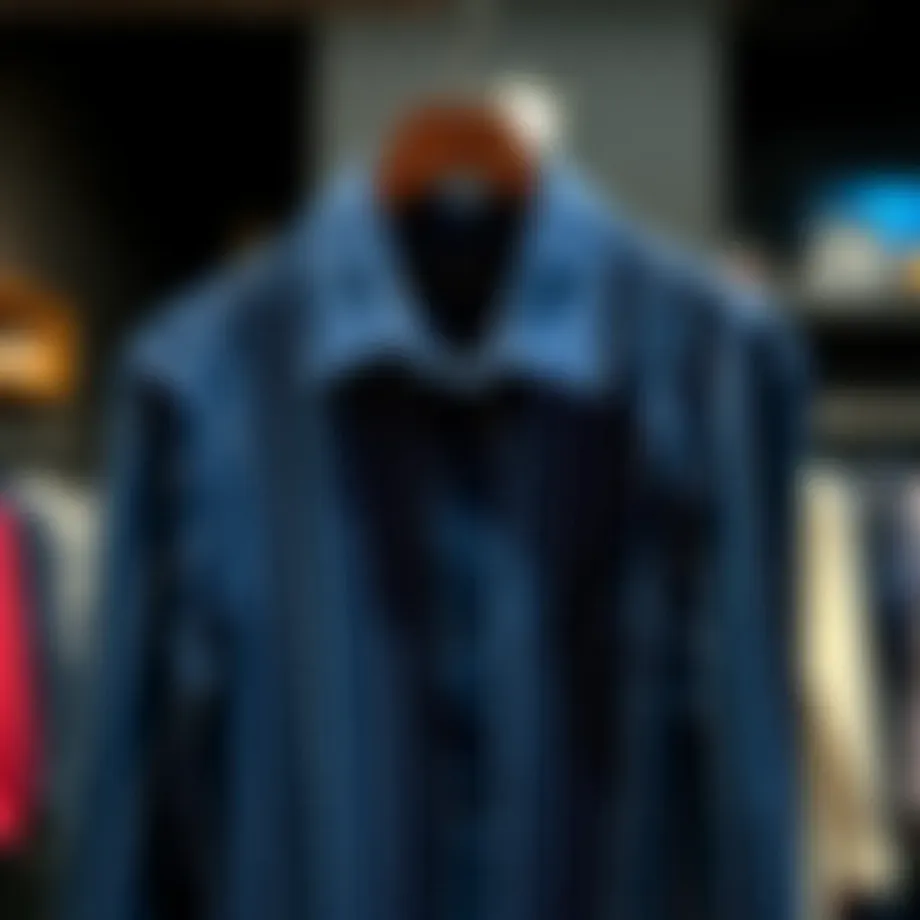 Stylish dark blue striped shirt showcased on a hanger