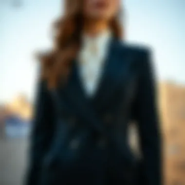 Elegant double-breasted blazer showcasing intricate stitching