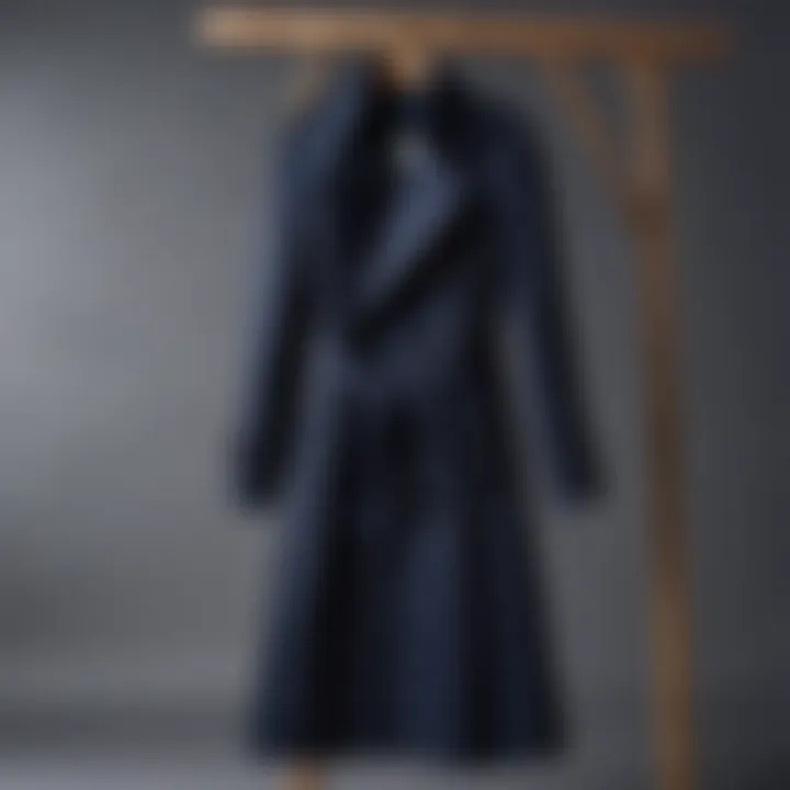 Classic navy trench coat hanging elegantly on a wooden hanger