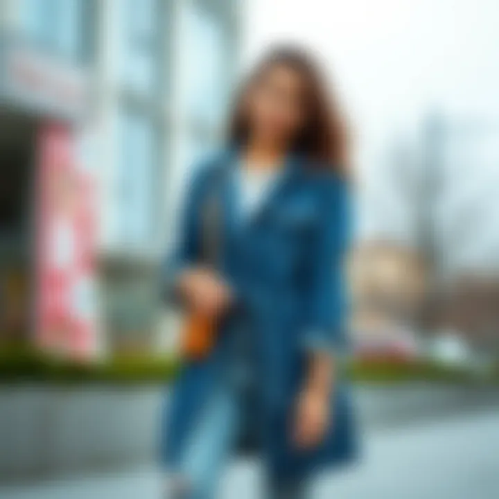 A casual outfit featuring a blue denim coat paired with accessories