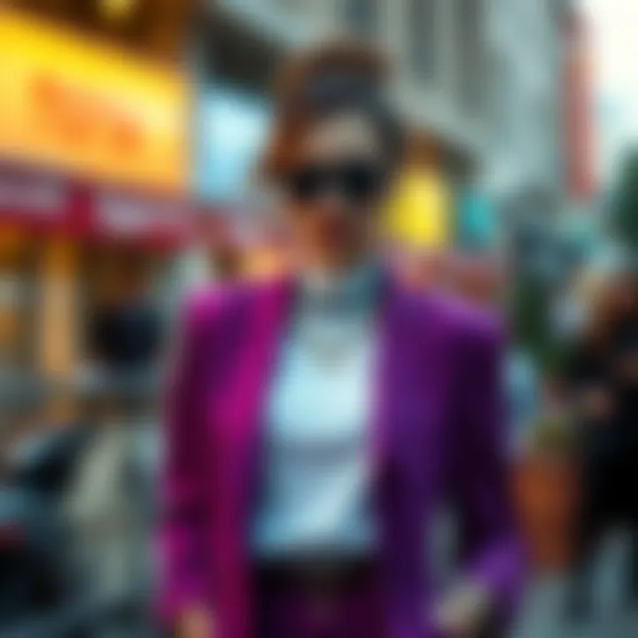 Daytime look showcasing a purple blazer with accessories