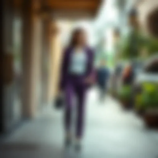 Stylish combination of purple fabric trousers with a blazer