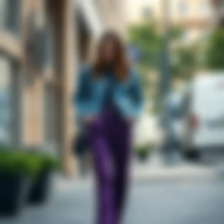 Trendy look incorporating purple trousers with a denim jacket