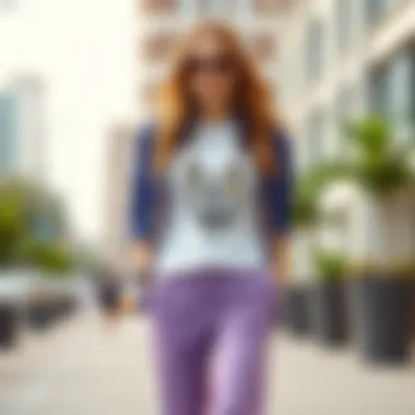 Casual outfit featuring purple trousers and a graphic tee