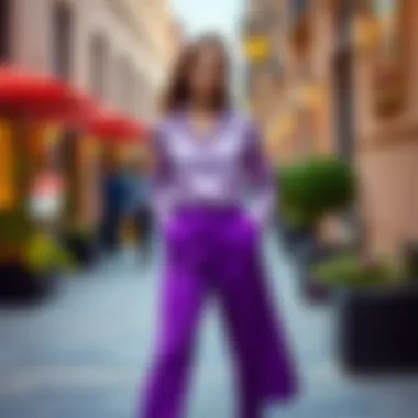 Elegant pairing of purple trousers with a silk blouse