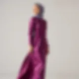 Elegant purple satin dress showcasing modest fashion