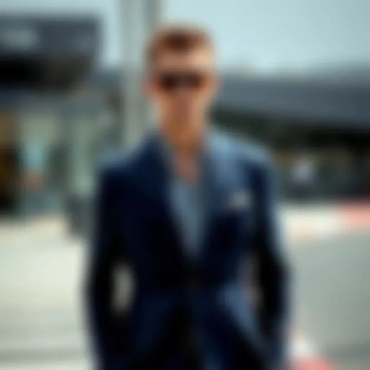 Chic navy suit complemented by a grey shirt