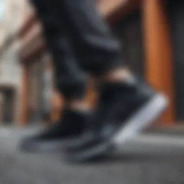 Dynamic street fashion scene highlighting black Nike shoes