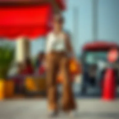 Fashionable outfit pairing wide-leg trousers with accessories.