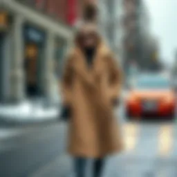 Stylish oversized coat ensemble on a snowy street
