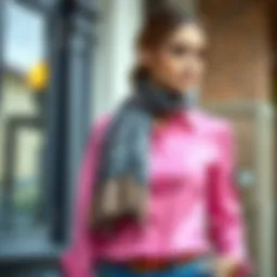 Elegant pink shirt styled with a chic scarf