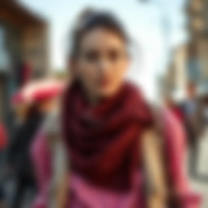 Fashionable layering with a pink shirt and scarf