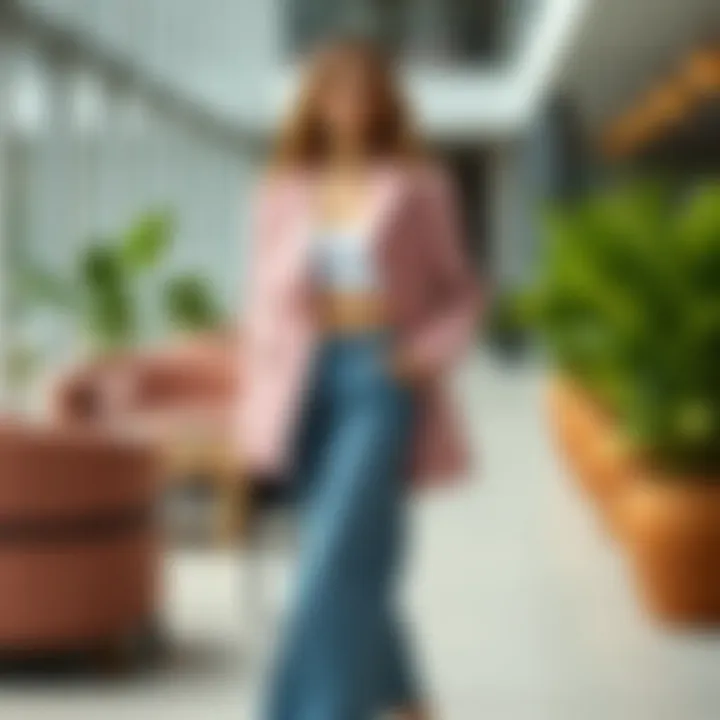 Fashionable outfit showcasing a pink linen jacket in a modern setting