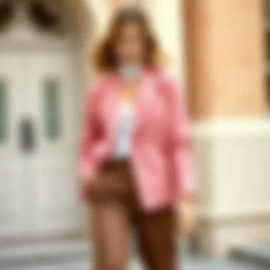 Stylish pink linen jacket paired with elegant trousers