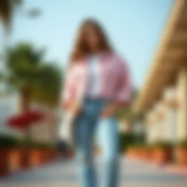 Casual outfit featuring a pink denim jacket with light jeans and a white top