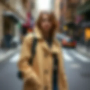 A fashionable raincoat layered over a casual outfit on a city street