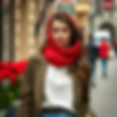A fashionable red scarf styled with casual attire for a chic look