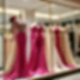 Elegant evening dress display in a boutique