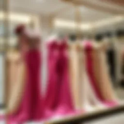 Elegant evening dress display in a boutique
