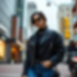Chic black short jacket showcased in a stylish urban setting