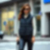 Stylish black puffer vest outfit with urban backdrop