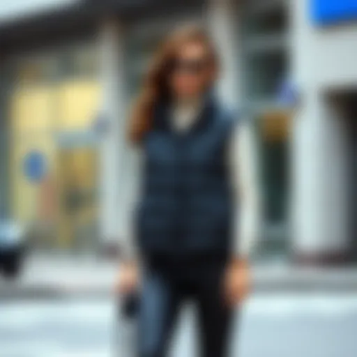 Stylish black puffer vest outfit with urban backdrop