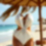 Elegant full-coverage swimwear displayed on a beach setting