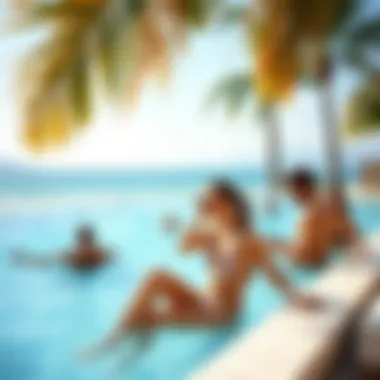 A serene poolside view featuring individuals enjoying swimming in full-coverage swimwear