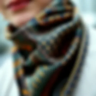 Intricate Patterns of a Thin Neck Scarf Close-up of a thin neck scarf showcasing intricate patterns