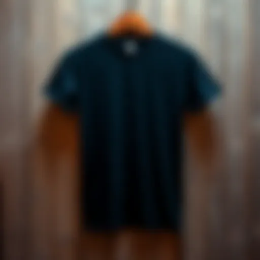 Classic black t-shirt displayed on a rustic wooden background