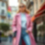 Stylish pairing of blue jeans and pink coat in urban setting