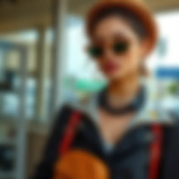 A trendy ensemble featuring accessories that reflect personal style.