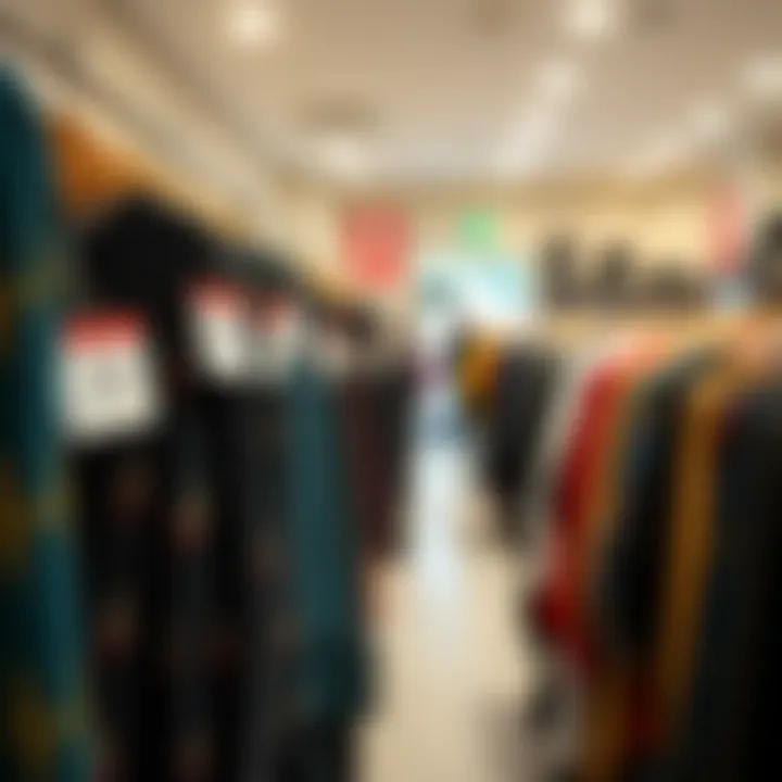 Price tags of various tunics in a store