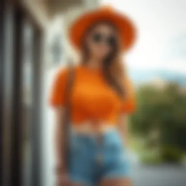 Trendy outfit featuring an orange crop top and denim shorts