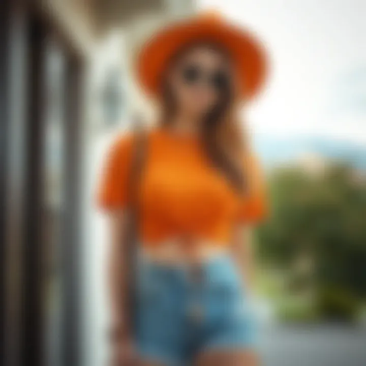 Trendy outfit featuring an orange crop top and denim shorts