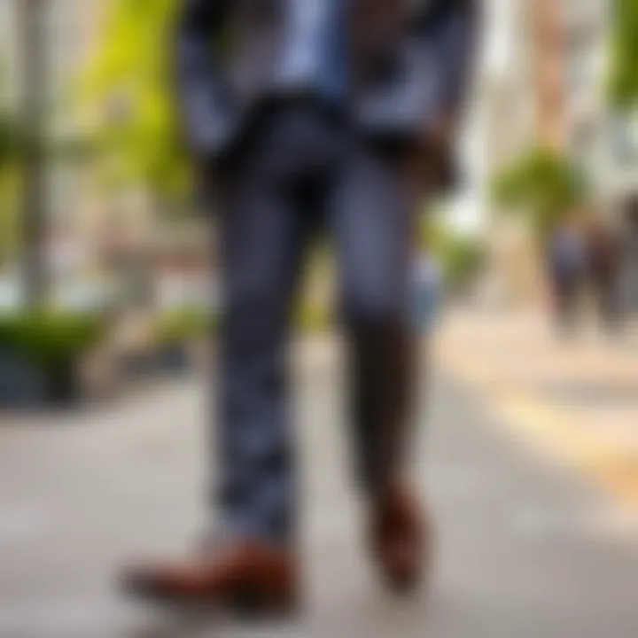 An elegant suit with casual footwear in an urban setting